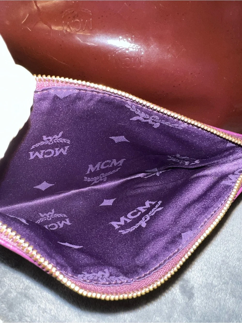 MCM Patent Tote in Dark Brown with Plum Handles
